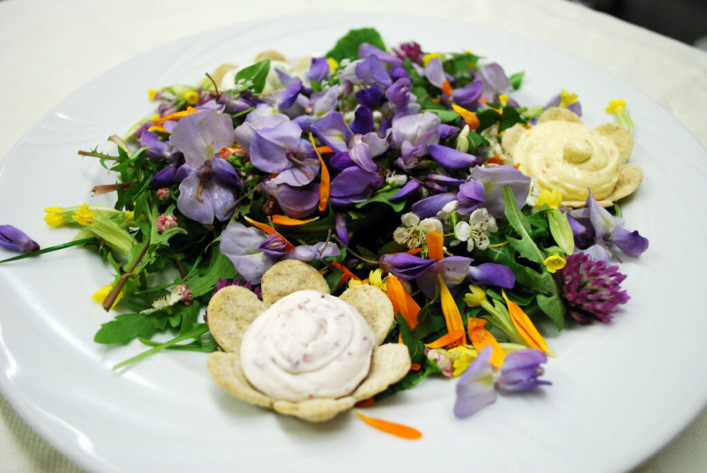 Insalatina di fiori con mousse di Sarass dël fèn